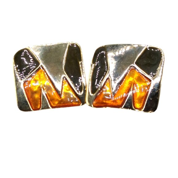 Vintage Modernist Abstract Earrings, Orange and Black Enamel on Gold Tone Studs - Picture 1 of 4